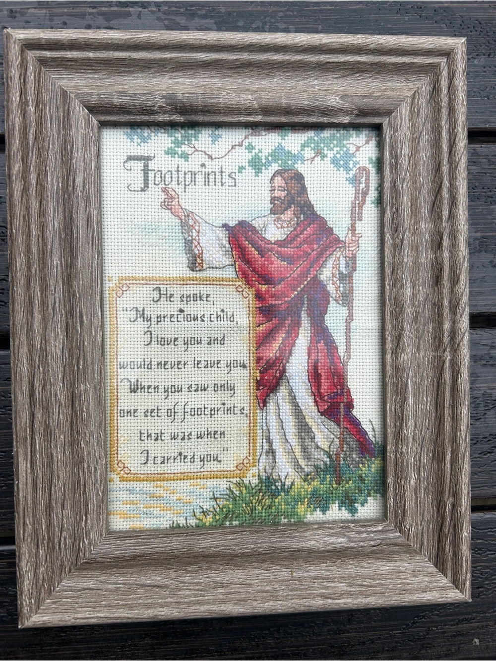 Framed 'Footprints' Cross-Stitch Wall Art in Red and Cream